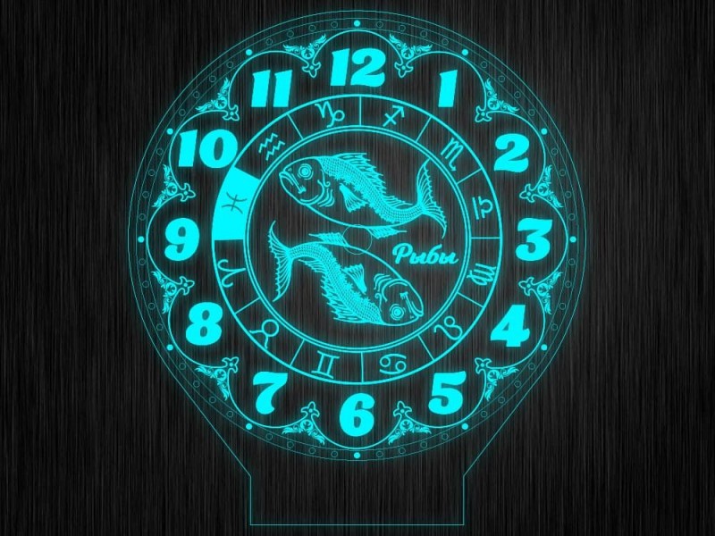 Ночник часы "Знаки зодиак рыбы" на светодиодной подставке