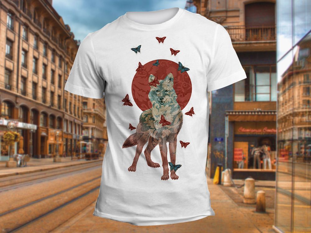 "Волк в красном солнце и бабочках" Изображение для нанесения на одежду № 1093